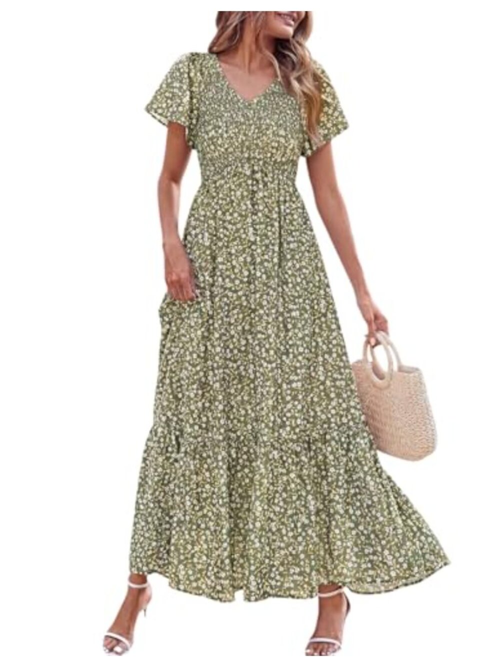 Boho Floral Maxi Dress Smocked V Neck Short Sleeve Beach Vacation Flowy